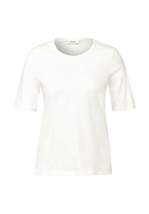 Bílé tričko s krátkým rukávem vyrobené z měkké tkaniny s kulatým výstřihem. Jednoduchý design, bez vzorů nebo akcentů. Na značkovém štítku je text "CECI."