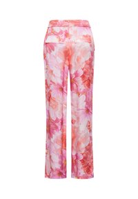 Blumenmuster-weit geschnittene Hose in den Farben Pink und Orange, aus weichem Stoff, mit elastischem Bund und zwei Gesäßtaschen.