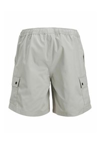 Shorts cargo gris clair avec une taille élastique, poches latérales et détails de boutons sur les poches. Fabriqués à partir d'un tissu léger et lisse.