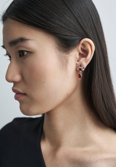 Young woman with straight dark hair wearing a decorative gold earring with red and clear gemstones, facing left on a plain background.