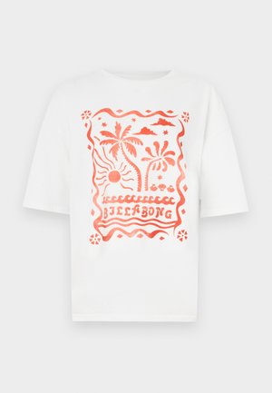 Weißes, übergroßes T-Shirt mit einem lebendigen Korallengrafikmotiv von Palmen, Sonne und Wellen sowie einem mittig platzierten "Billabong"-Logo in einem dekorativen Rahmen.