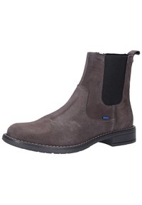 Šedé semišové kotníkové boty s elastickými postranními panely, kulatou špičkou, zesíleným švem a silnou černou podrážkou. Vhodné pro všestranné stylingové kombinace.