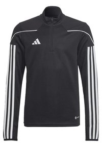 Schwarzer Pullover mit langen Ärmeln und einem Viertel-Reißverschluss-Kragen, mit weißen Adidas-Streifen an den Ärmeln und einem strukturierten Schulterdesign.