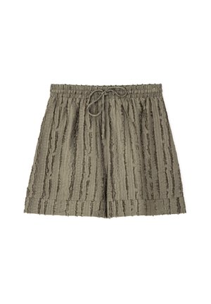 Shorts vert olive, texturés, avec un motif de rayures ondulées, dotés d'une taille élastique et d'un cordon de serrage pour un ajustement réglable.