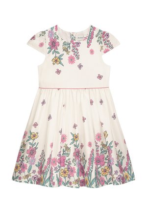 Weißes kurzes Kleid mit Blumenmuster in Pink, Gelb und Grün. Verfügt über einen gerafften Rock und einen pinkfarbenen Akzent in der Taille.