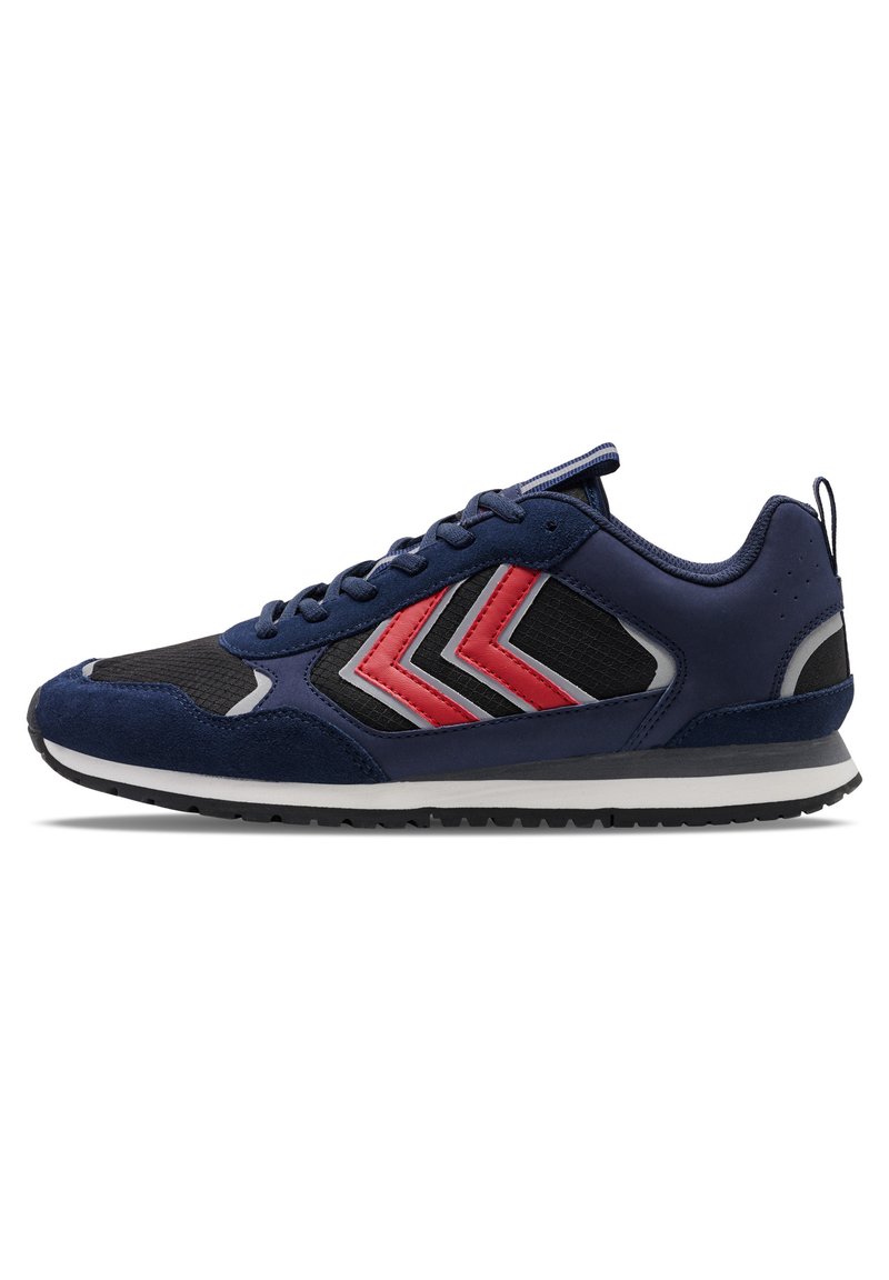 Navy blue athletic shoes with black mesh and red chevron accents, featuring a textured suede upper, rubber sole, and lace closure.