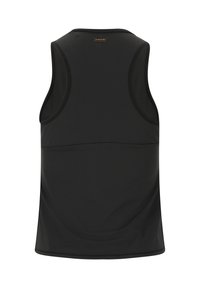 Zwarte mouwloze sporttop gemaakt van lichte, ademende stof. Heeft een ronde halslijn en een zachte textuur met een lichte glans.