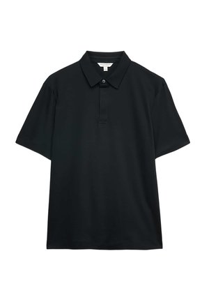 Zwart poloshirt van gladde stof, met een klassieke kraag, korte mouwen en een knoopsluiting zonder patronen of accenten.