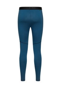 Leggings blu realizzati in materiale elastico, con una fascia nera in vita, texture liscia e dettagli di cucitura a contrasto vicino al ginocchio.
