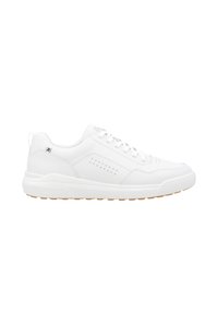 Weiße Sneaker mit Obermaterial aus glattem Leder, genähten Details, Schnürverschluss, Belüftungsperforationen und einer Gummisohle.