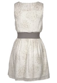 Krátké šaty bez rukávů ve světle krémové barvě s jemným skvrnitým vzorem, s šedým pasem a rozšířenou sukní. Zobrazeno ze zadní strany.