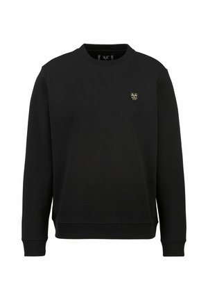 Schwarzer Sweatshirt mit langen Ärmeln, gerippten Bündchen und Saum, Rundhalsausschnitt, mit einem kleinen goldenen Logo auf der Brust. Weiches Baumwollmaterial.