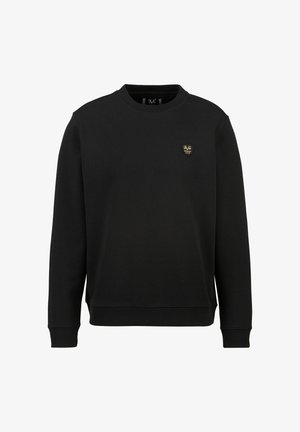 Schwarzer Sweatshirt mit langen Ärmeln, gerippten Bündchen und Saum, Rundhalsausschnitt, mit einem kleinen goldenen Logo auf der Brust. Weiches Baumwollmaterial.