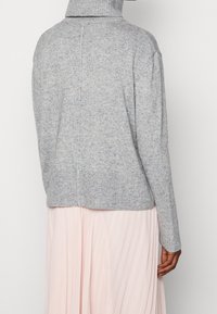 Persoon gekleed in een gespoten grijze gebreide coltrui, gecombineerd met een lichtroze geplooide rok, getoond vanuit de achterkant.