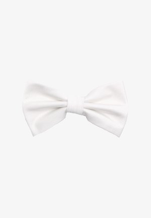White bow tie made of textured fabric, featuring a classic shape with pleats and a center knot for fastening.