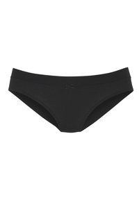 Svart bomullsbikini med en glatt tekstur, lavt livdesign og en liten dekorativ sløyfe foran i midten.