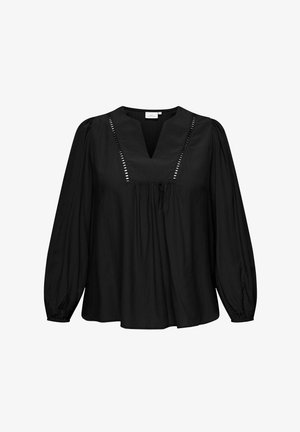 Blouse noire avec des manches bouffantes longues, décolleté en V et détails à rayures verticales. Fabriquée en tissu léger avec un devant froncé.