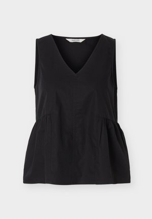 Čierny tielko bez rukávov s výstrihom do V a nazbieranými bočnými švami vytvárajúce mierne rozšírený strih.