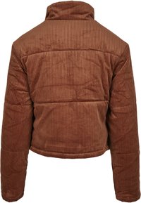 Bruine corduroy jas met een gequilt patroon, voorzien van een hoge kraag en lange mouwen. Geverfde, ribbelige stof met een cropped snit.