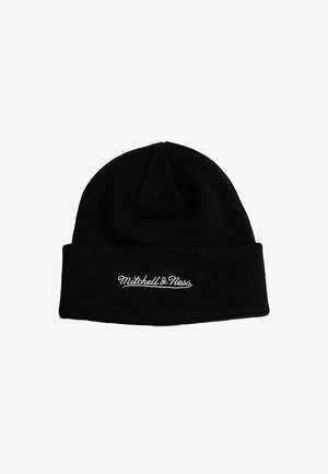 Black knitted beanie made from soft fabric, featuring a cuffed design and white embroidered logo text on the front.