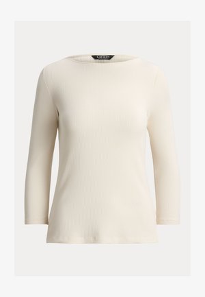 Slonokoščeno bela dolgoročna majica z rebrastim vzorcem in širokim izrezom. Ima oprijeten kroj in subtilno teksturo, izdelana iz mehke, raztegljive tkanine.