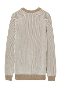 Pull en tricot avec des rayures beige et blanches alternées, texture côtelée, col rond et poignets et ourlet côtelés.