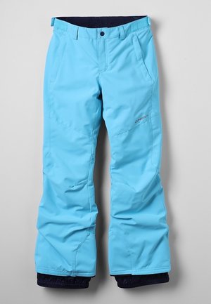 Lyseblå isolerede snebukser med sidelommer, forstærkede knæ, justerbare taljebånd og sorte indvendige gamacher ved manchetterne.