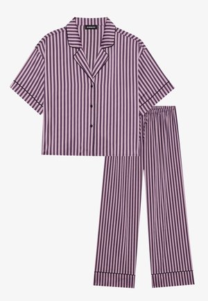 Violeta un gaiši rozā svītrainās pidžamu komplekts ar īsām piedurknēm, pogājamu augšu ar melnām pogām un atbilstošiem elastīgiem bikšu vidukļiem.
