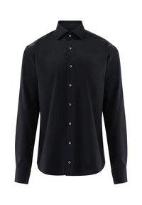 Schwarzes Langarmhemd aus glattem Stoff. Verfügt über einen spitzen Kragen, sechs Knopfverschlüsse und geknöpfte Manschetten. Ohne Muster oder Verzierungen.