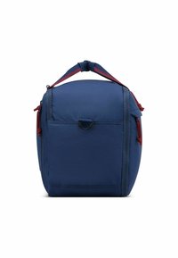 Borsa per il pranzo isolata blu con dettagli rossi, design rettangolare, tasca frontale, manico robusto e chiusura con zip. Finitura in tessuto testurizzato.