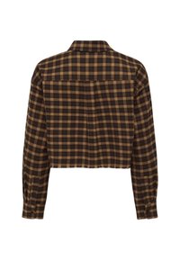 Camicia in flanella tagliata in marrone con un motivo a scacchi scuri e chiari. Presenta un colletto classico e dettagli con polsini abbottonati. Texture morbida.