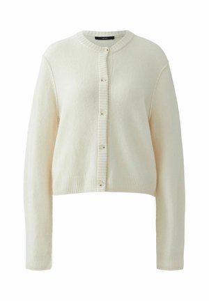 Witte cropped cardigan van zacht materiaal, met een ronde halslijn, ribbeltrimming en vijf knopen aan de voorkant.
