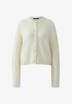 White cropped cardigan made of soft material, featuring a round neckline, ribbed trim, and five buttons down the front.