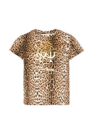T-shirt a maniche corte per bambini con stampa leopardata marrone e nera, logo dorato lucido e testo con firma sulla parte anteriore.