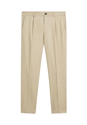 Pantaloni beige su misura con design a piega frontale, dotati di tasche e chiusura con bottone nero in vita, esposti piatti.