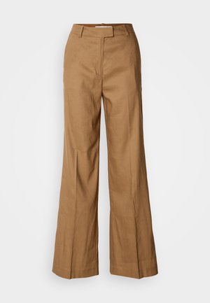 Brown wide-leg pants made of lightweight fabric. Features a flat front, belt loops, and a tailored silhouette with an ankle-length cut.