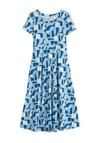 Short-sleeve dress in light blue fabric featuring a geometric pattern in dark blue and white, with a fitted bodice and flared skirt.