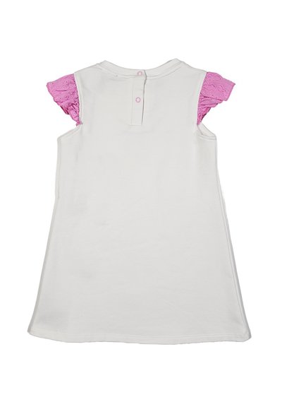 Abito bianco di cotone con maniche corte in pizzo rosa. Presenta una schiena a chiave con due bottoni e una texture morbida e liscia.