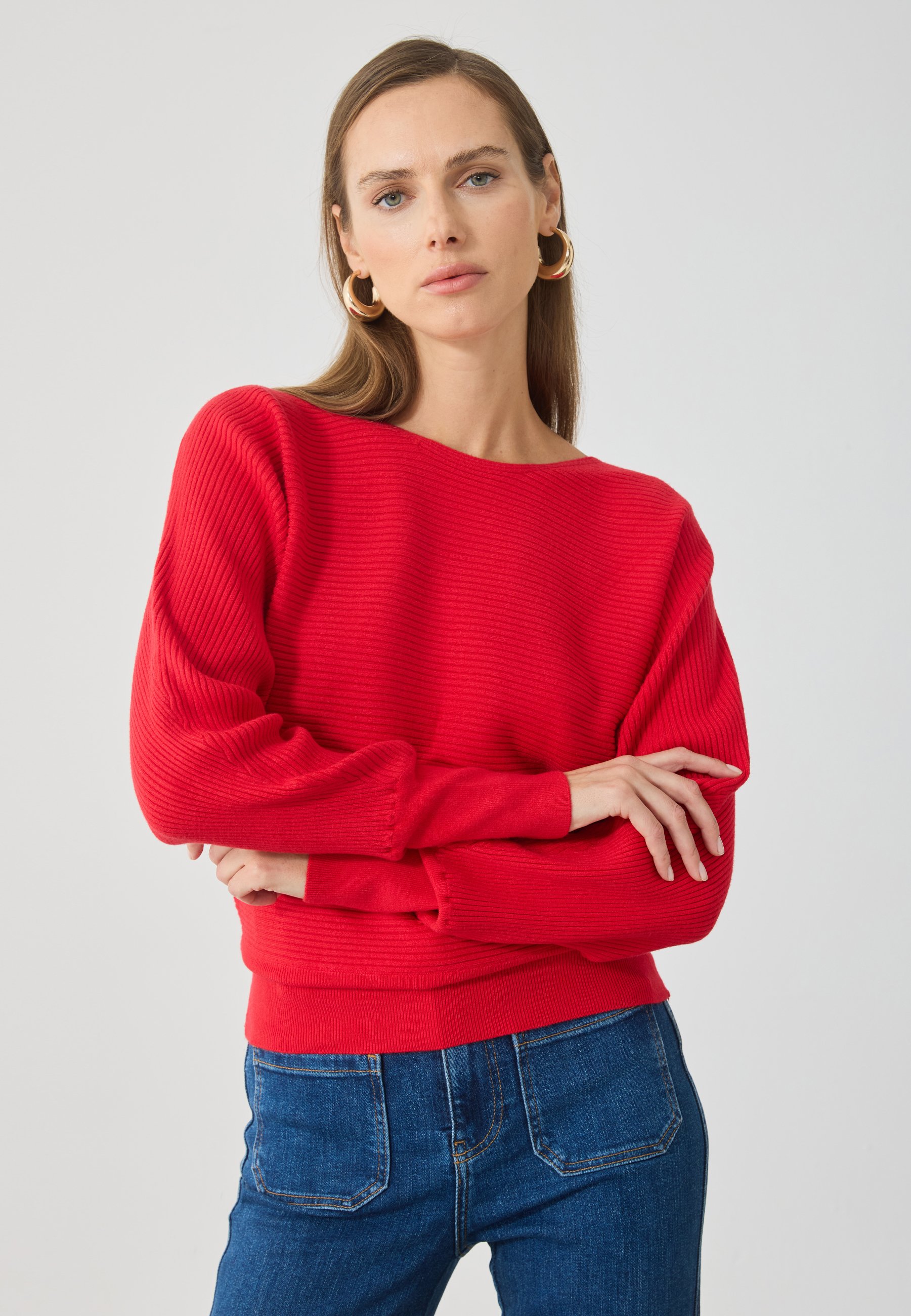 Maglione Crop Top Donna Collo Alto Maniche A Sbuffo - Filato Di Lana Rosso - Taglia Unica