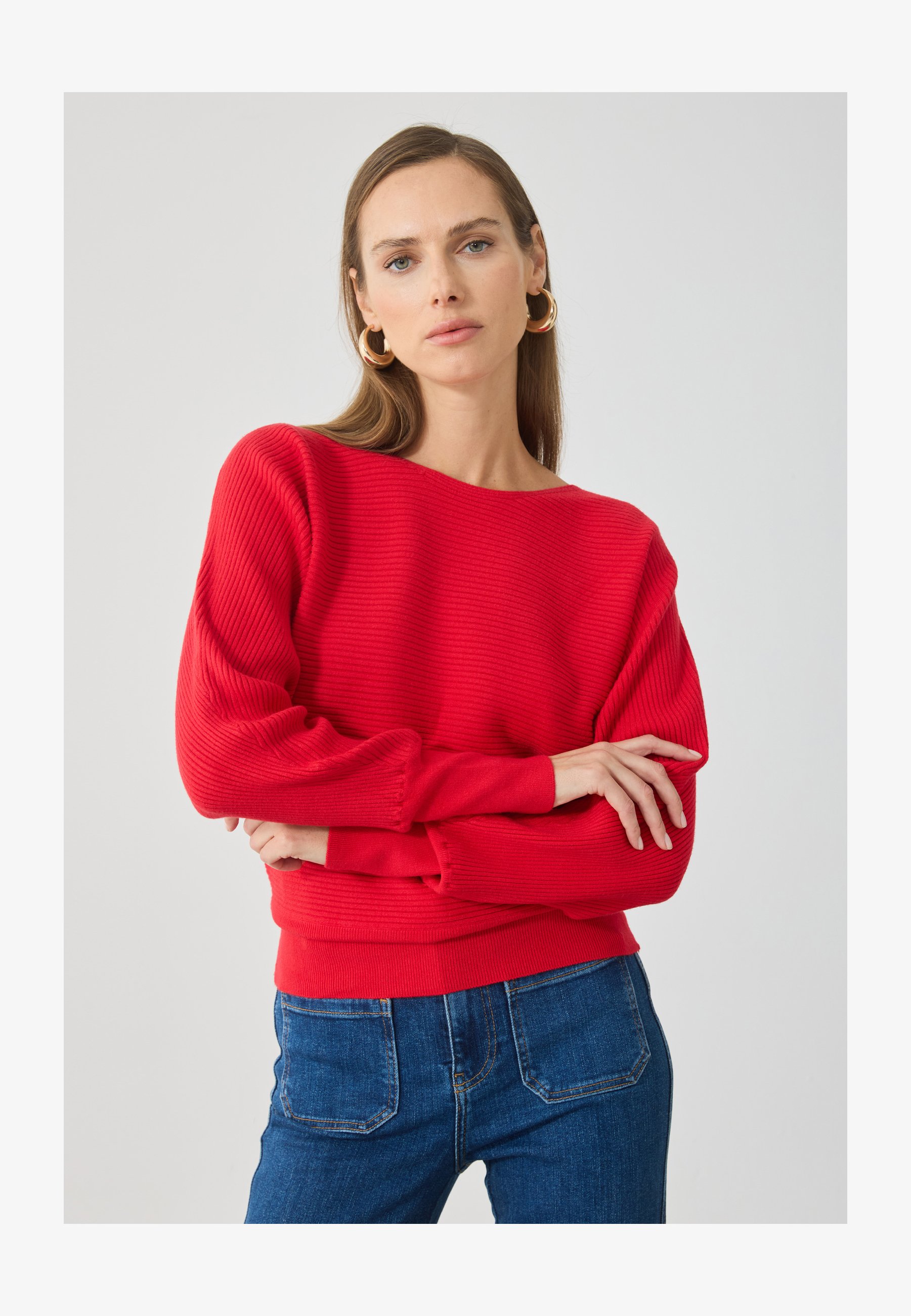 Maglione Crop Top Donna Collo Alto Maniche A Sbuffo - Filato Di Lana Rosso - Taglia Unica