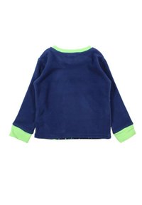 Haut à manches longues en polaire marine avec poignets et col verts. Texture douce, col rond et coupe décontractée. Sans motifs ni graphiques visibles.