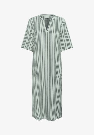 Svītrainas kleitas vieglas zaļas un tumši pelēkas krāsas, ar V veida kakla izgriezumu, īsām piedurknēm un sānu kabatām, izgatavota no viegla auduma.