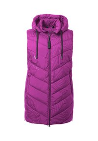 Fialová prošívaná bezrukávová péřová vesta s kapucí, předním zipem, černými stahovacími šňůrkami a jemným černým vlnitým vzorem.