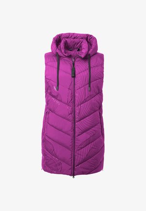 Lila gesteppte ärmellose Pufferweste mit Kapuze, Reißverschluss vorne, schwarzen Kordeln und subtilem schwarzen Wellenmuster.