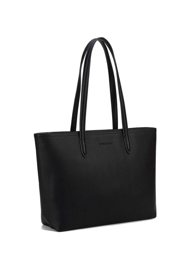 Zwarte tote bag gemaakt van gestructureerd synthetisch materiaal, met twee lange handvatten en een gestructureerde rechthoekige vorm met subtiele branding.