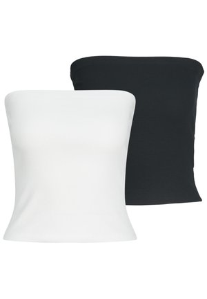 Twee geribde strapless tube-tops, één wit en één zwart, naast elkaar weergegeven op een effen achtergrond.