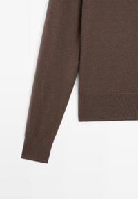 Maglione marrone lavorato a maglia con maniche lunghe e polsini a coste. Texture morbida, design semplice e forma aderente. Nessun motivo o accento visibile.