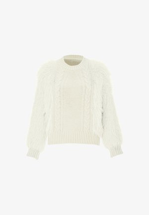 Pulover alb tricotat cu un model texturat în cabluri și accente pufoase asemănătoare blănii pe mâneci. Marginile ribbate și decolteul rotund completează designul.