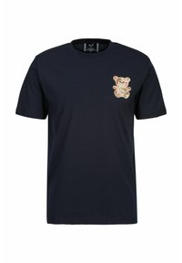 Marineblauwe katoenen t-shirt met een beerafbeelding op de linkerkant van de borst. Korte mouwen, klassieke ronde hals, gladde textuur.