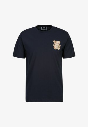 Marineblauwe katoenen t-shirt met een beerafbeelding op de linkerkant van de borst. Korte mouwen, klassieke ronde hals, gladde textuur.